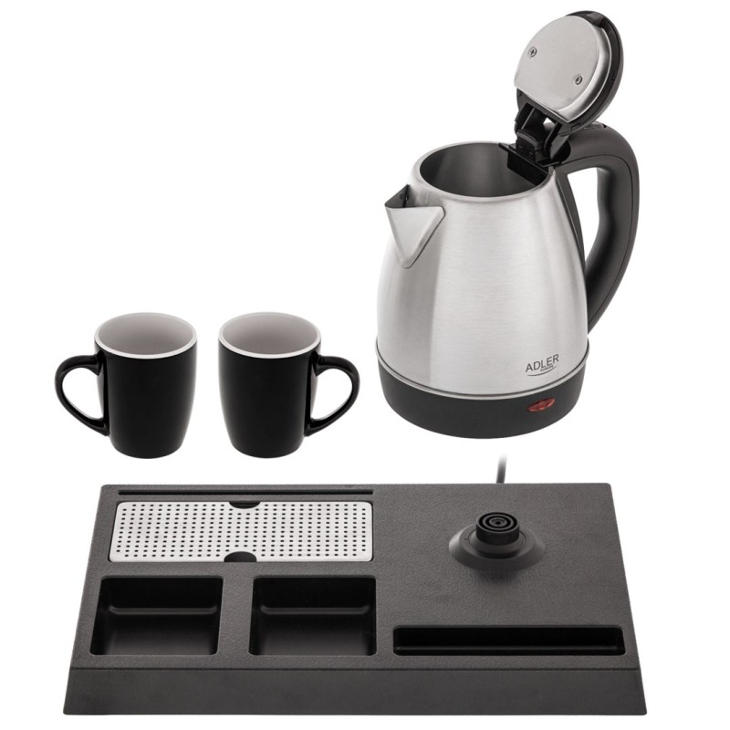 Adler AD 1354 Hotel kettle stainless steel 1.2 L + tray with cups black, steel