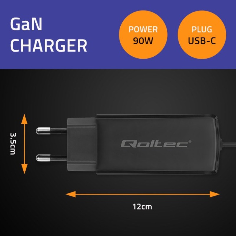 Qoltec 52420 90W GaN Super Fast Charger| 5-20V | 3-4.5A | USB-C 3.1 Qoltec 52420 90W GaN Super Fast Charger| 5-20V | 3-4.5A | USB-C 3.1