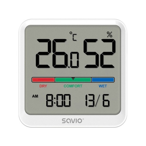 SAVIO Wireless weather station, temperature and humidity sensor, for indoor use, LCD screen, clock, date, handle with magnet, CT-01/W White SAVIO Wireless weather station, temperature and humidity sensor, for indoor use, LCD screen, clock, date, handle with magnet, CT-01/W White