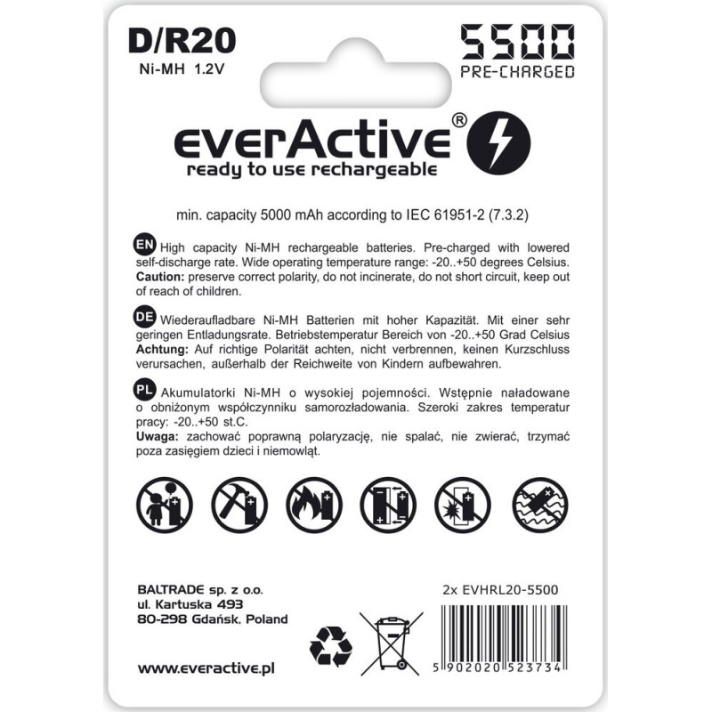 Rechargeable batteries everActive R20/D Ni-MH 5500 mAh ready to use Rechargeable batteries everActive R20/D Ni-MH 5500 mAh ready to use