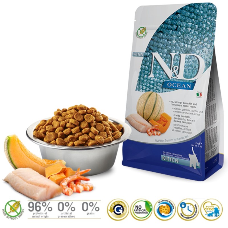 FARMINA N&D Ocean Cat Cod, Shrimp, Pumpkin and Cantaloupe Melon Kitten - dry cat food - 1.5 kg FARMINA N&D Ocean Cat Cod, Shrimp, Pumpkin and Cantaloupe Melon Kitten - dry cat food - 1.5 kg