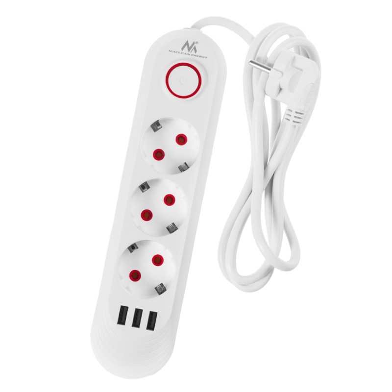 Maclean power strip, 3 socket extension + 3xUSB, 110-240V AC 50/60Hz, 2.1A max 2500W, 1.5m, white, MCE394 W