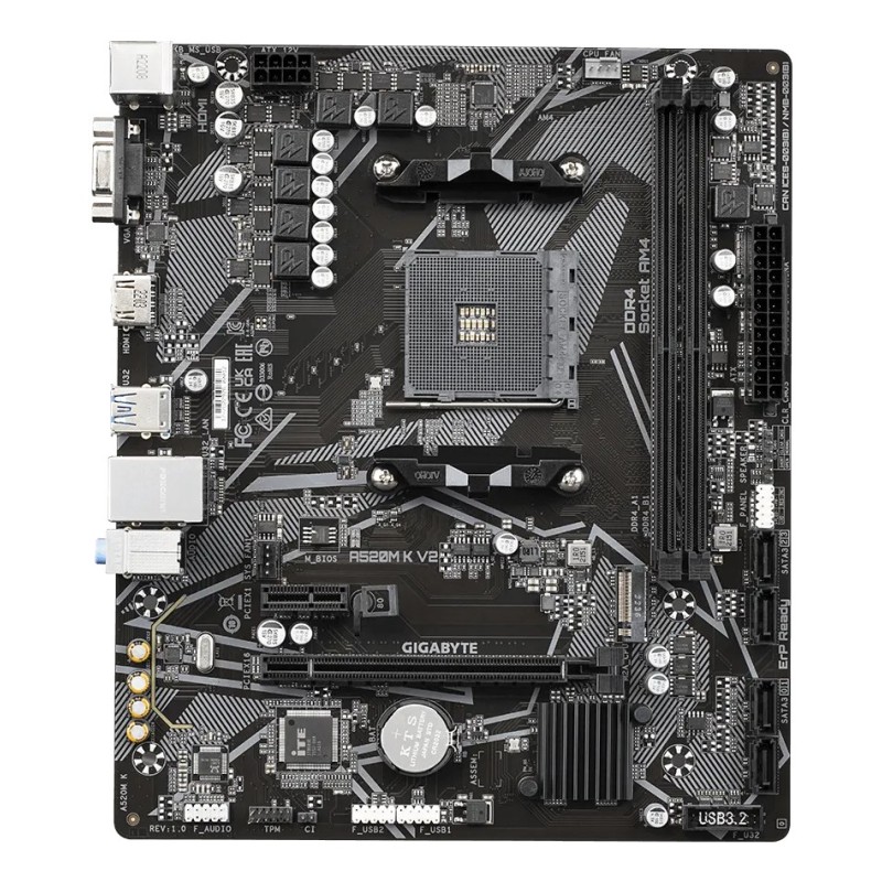 GIGABYTE A520M K V2 Motherboard - Supports AMD Ryzen 5000 Series AM4 CPUs, up to 5100MHz DDR4 (OC), PCIe Gen3 x4 M.2, GbE LAN, USB 3.2 Gen 1 GIGABYTE A520M K V2 Motherboard - Supports AMD Ryzen 5000 Series AM4 CPUs, up to 5100MHz DDR4 (OC), PCIe Gen3 x4 M.2, GbE LAN, USB 3.2 Gen 1