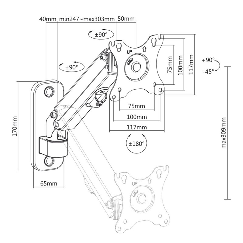 Maclean monitor wall mount, 17-27'', 7kg max, gas spring, MC-458 Maclean monitor wall mount, 17-27'', 7kg max, gas spring, MC-458