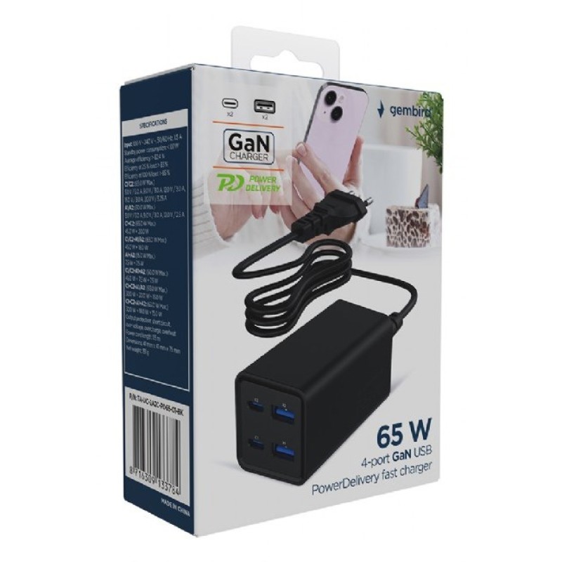 Gembird TA-UC-2A2C-PD65-01-BK mobile device charger Laptop, Smartphone Black AC Fast charging Indoor Gembird TA-UC-2A2C-PD65-01-BK mobile device charger Laptop, Smartphone Black AC Fast charging Indoor