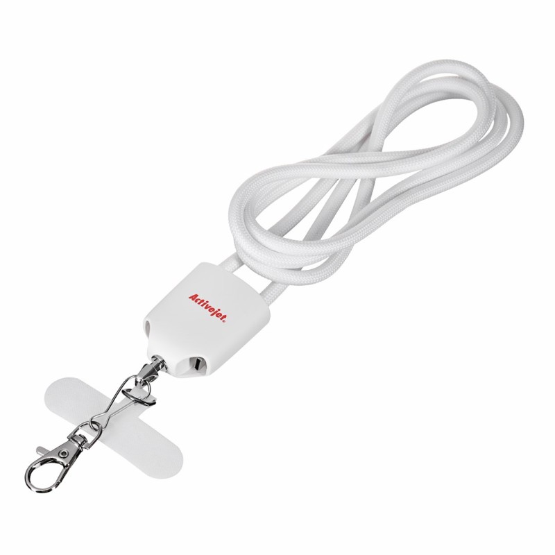 Activejet lanyard with 3-in-1 charging cable, white. Ends with various connectors: USB-C, Lightning adapter, USB-A Activejet lanyard with 3-in-1 charging cable, white. Ends with various connectors: USB-C, Lightning adapter, USB-A