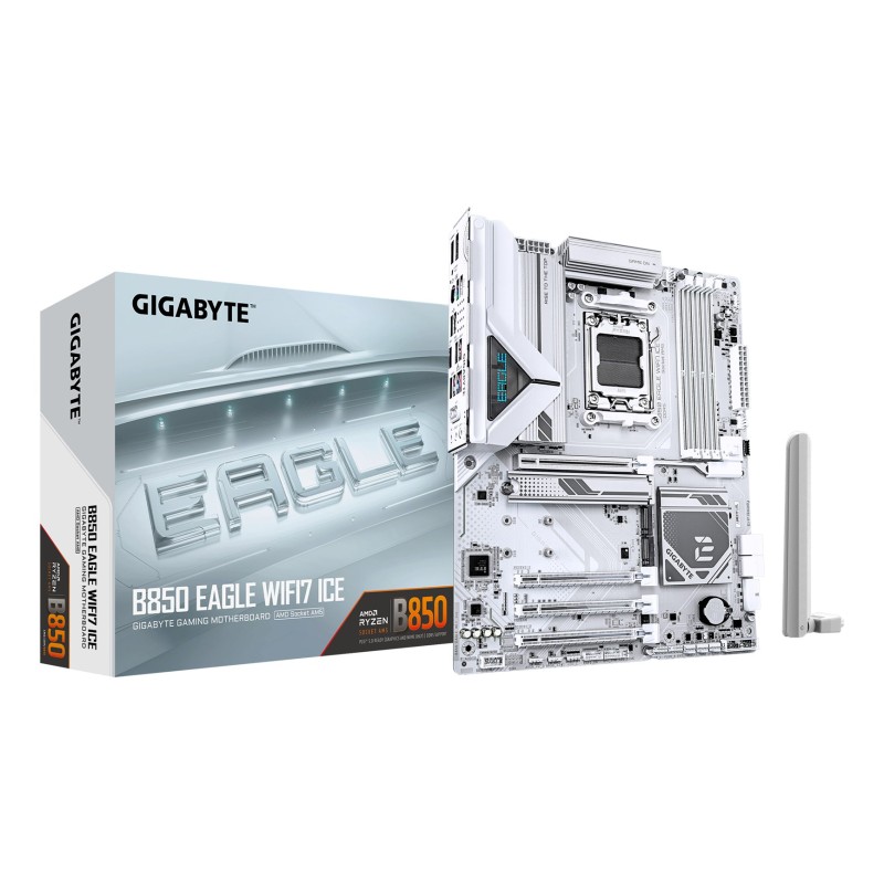 GIGABYTE B850 EAGLE WIFI7 ICE Motherboard - AMD Ryzen 9000 Series CPUs, 8+2+2 Phases Digital VRM, up to 8200MHz DDR5 (OC), 1xPCIe 5.0 + 2xPCIe 4.0 M.2, WIFI 7, 2.5 GbE LAN, USB 3.2 Gen 2 GIGABYTE B850 EAGLE WIFI7 ICE Motherboard - AMD Ryzen 9000 Series CPUs, 8+2+2 Phases Digital VRM, up to 8200MHz DDR5 (OC), 1xPCIe 5.0 + 2xPCIe 4.0 M.2, WIFI 7, 2.5 GbE LAN, USB 3.2 Gen 2