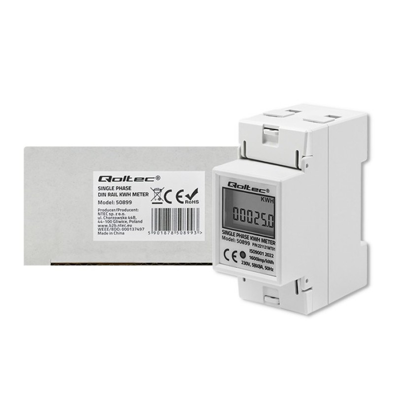 Qoltec 50899 Single phase electronic energy consumption meter | 230 V | LCD | 2P | DIN rail Qoltec 50899 Single phase electronic energy consumption meter | 230 V | LCD | 2P | DIN rail