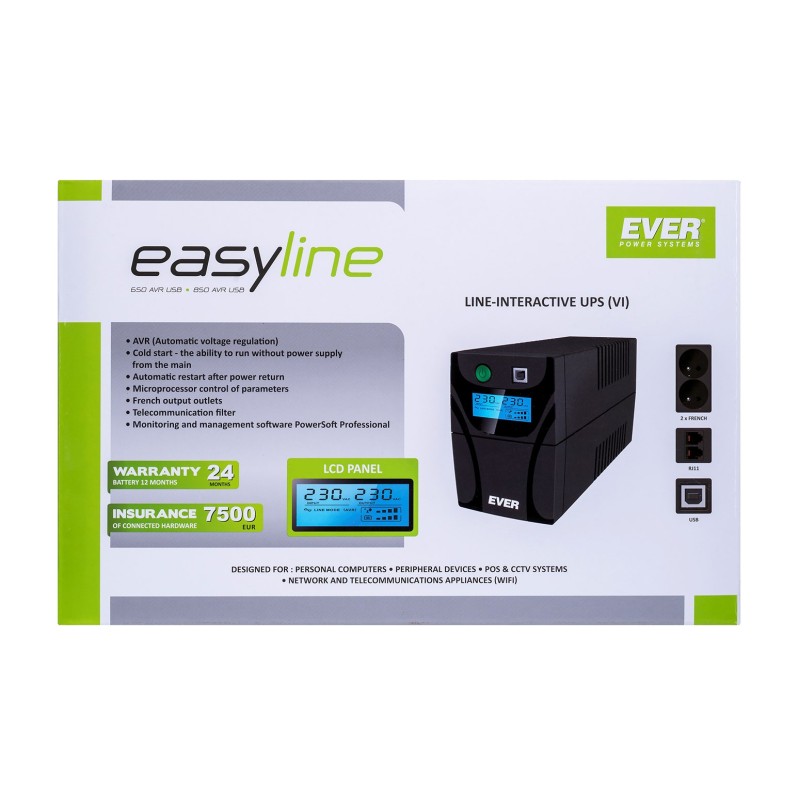 Ever EASYLINE 650 AVR USB Line-Interactive 0.65 kVA 360 W Ever EASYLINE 650 AVR USB Line-Interactive 0.65 kVA 360 W