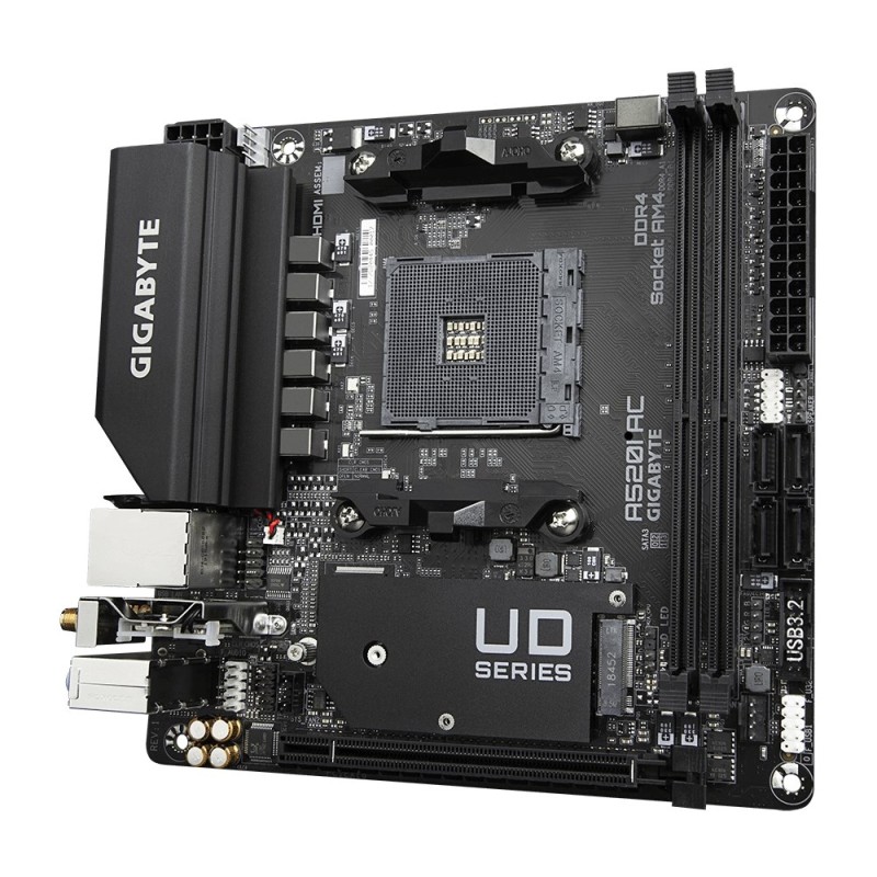 GIGABYTE A520I AC Motherboard - Supports AMD Ryzen 5000 Series AM4 CPUs, 6 Phases Digital VRM, up to 5300MHz DDR4 (OC), 1xPCIe 3.0 M.2, WIFI, GbE LAN, USB 3.2 Gen1 GIGABYTE A520I AC Motherboard - Supports AMD Ryzen 5000 Series AM4 CPUs, 6 Phases Digital VRM, up to 5300MHz DDR4 (OC), 1xPCIe 3.0 M.2, WIFI, GbE LAN, USB 3.2 Gen1