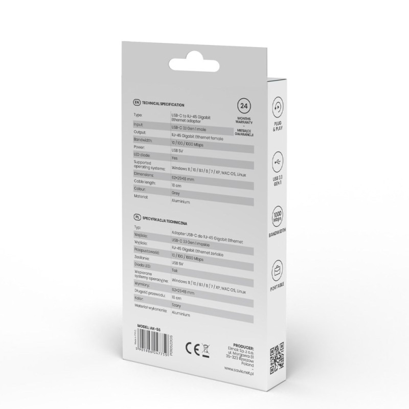 SAVIO Adapter USB-C 3.1 Gen.1 (M) to RJ-45 Gigabit Ethernet (F), 1000 Mbps, AK-56, grey SAVIO Adapter USB-C 3.1 Gen.1 (M) to RJ-45 Gigabit Ethernet (F), 1000 Mbps, AK-56, grey