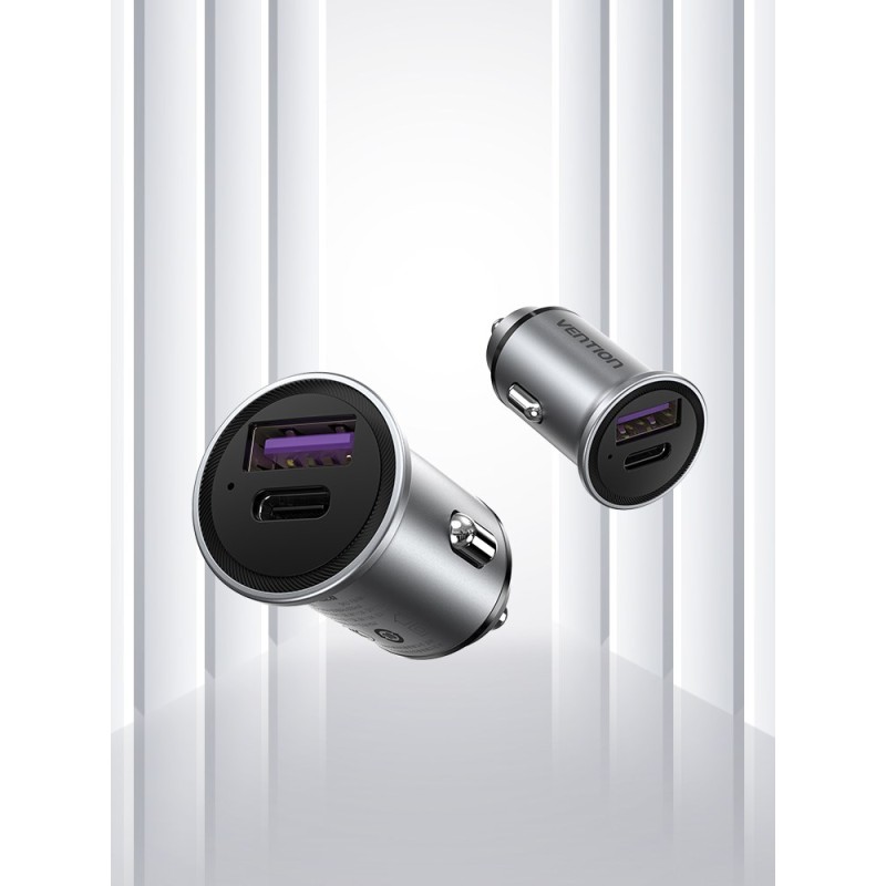 Vention Two-Port USB A+A(30+30) Car Charger Gray Mini Style Aluminium Alloy Type
