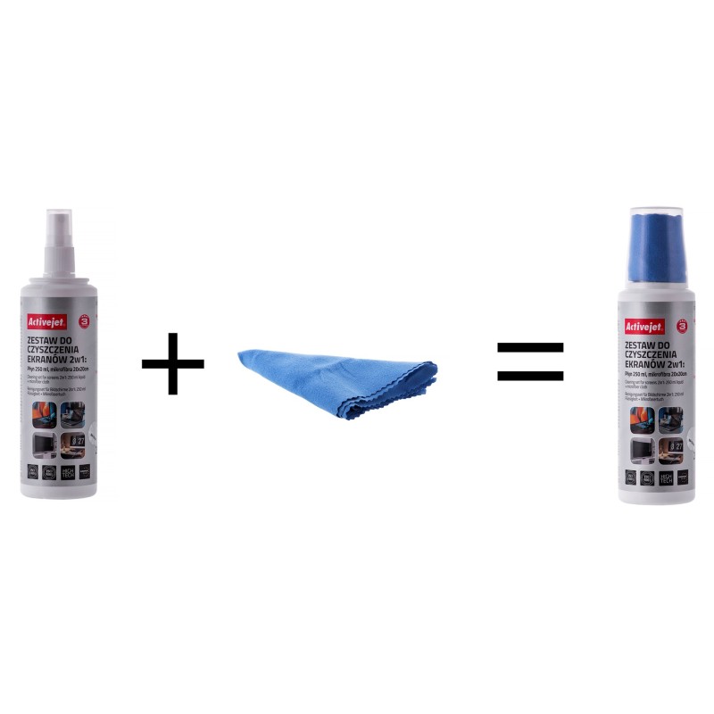 Activejet AOC-269 Liquid, Screen cleaning kit 2in1 250 ml, 20x20 cm, Screen cleaner, plastic cleaner and microfiber cleaning cloth 20x20 cm Activejet AOC-269 Liquid, Screen cleaning kit 2in1 250 ml, 20x20 cm, Screen cleaner, plastic cleaner and microfiber cleaning cloth 20x20 cm