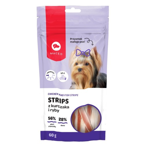 MACED Chicken and fish strips - Dog treat - 60g MACED Chicken and fish strips - Dog treat - 60g