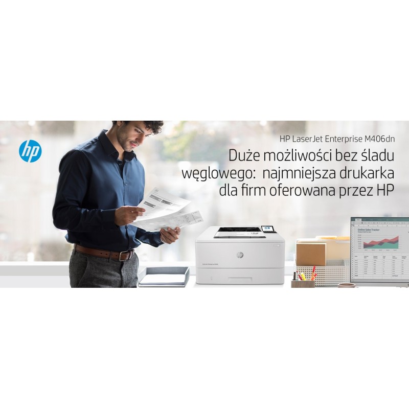 HP LaserJet Enterprise M406dn, Black and white, Printer for Business, Print, Compact Size; Strong Security; Two-sided printing; Energy Efficient; Front-facing USB printing HP LaserJet Enterprise M406dn, Black and white, Printer for Business, Print, Compact Size; Strong Security; Two-sided printing; Energy Efficient; Front-facing USB printing