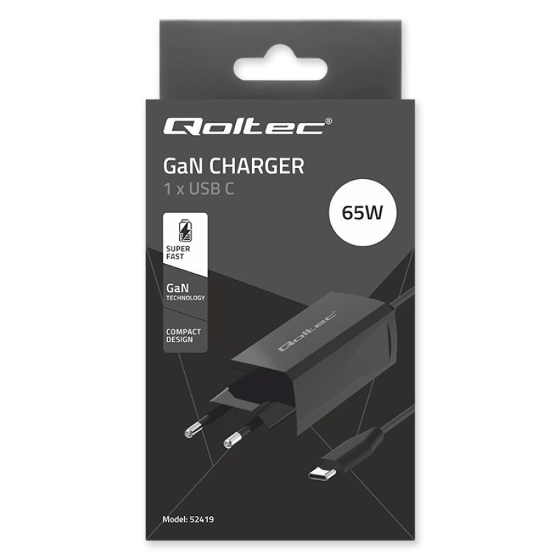 Qoltec 52419 65W GaN Super Fast Charger| 5-20V | 3-3.25A | USB-C 3.1 Qoltec 52419 65W GaN Super Fast Charger| 5-20V | 3-3.25A | USB-C 3.1