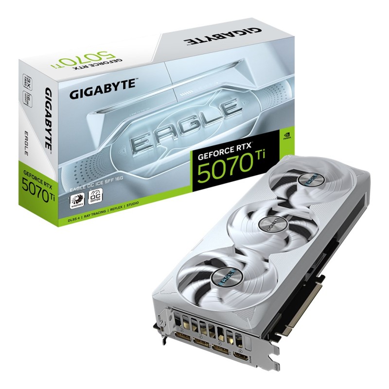 GIGABYTE GeForce RTX 5070 Ti EAGLE OC ICE SFF 16G Graphics Card - 16GB GDDR7, 256bit, PCI-E 5.0, 2542 MHz Core Clock, 3 x DP 2.1a, 1 x HDMI 2.1b, NVIDIA DLSS 4, GV-N507TEAGLEOC ICE-16GD GIGABYTE GeForce RTX 5070 Ti EAGLE OC ICE SFF 16G Graphics Card - 16GB GDDR7, 256bit, PCI-E 5.0, 2542 MHz Core Clock, 3 x DP 2.1a, 1 x HDMI 2.1b, NVIDIA DLSS 4, GV-N507TEAGLEOC ICE-16GD