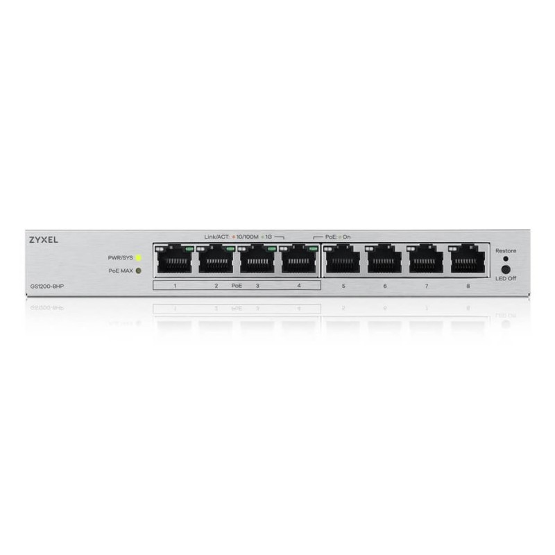 Zyxel GS1200-8HPV3 Managed L2 Gigabit Ethernet (10/100/1000) Power over Ethernet (PoE) Desktop Grey Zyxel GS1200-8HPV3 Managed L2 Gigabit Ethernet (10/100/1000) Power over Ethernet (PoE) Desktop Grey
