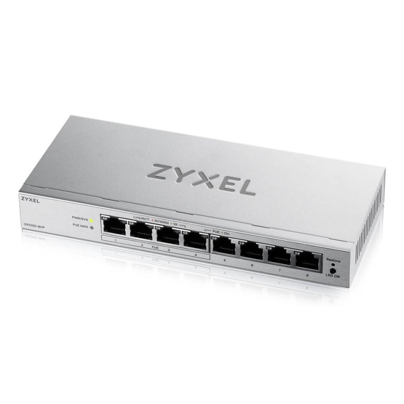 Zyxel GS1200-8HPV3 Managed L2 Gigabit Ethernet (10/100/1000) Power over Ethernet (PoE) Desktop Grey Zyxel GS1200-8HPV3 Managed L2 Gigabit Ethernet (10/100/1000) Power over Ethernet (PoE) Desktop Grey