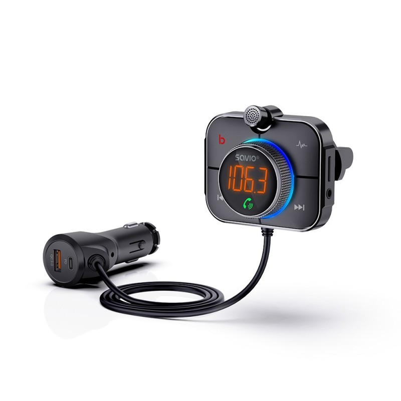 SAVIO FM transmitter, Bluetooth 5.0, QC/PD 3.0 charger, ENC, AUX OUT, Micro SD, TR-14, black SAVIO FM transmitter, Bluetooth 5.0, QC/PD 3.0 charger, ENC, AUX OUT, Micro SD, TR-14, black
