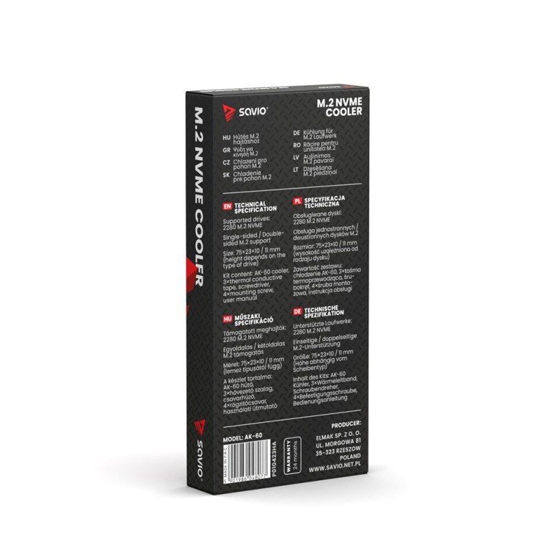 SAVIO Cooling for M.2 NVME 2280 drives, AK-60, Black SAVIO Cooling for M.2 NVME 2280 drives, AK-60, Black