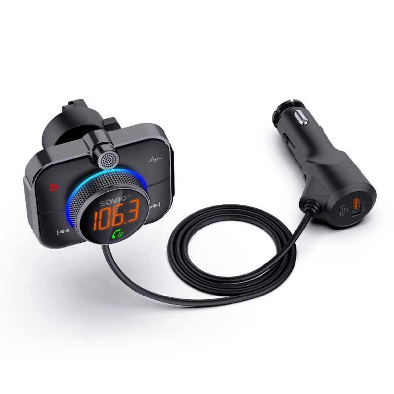 SAVIO FM transmitter, Bluetooth 5.0, QC/PD 3.0 charger, ENC, AUX OUT, Micro SD, TR-14, black SAVIO FM transmitter, Bluetooth 5.0, QC/PD 3.0 charger, ENC, AUX OUT, Micro SD, TR-14, black