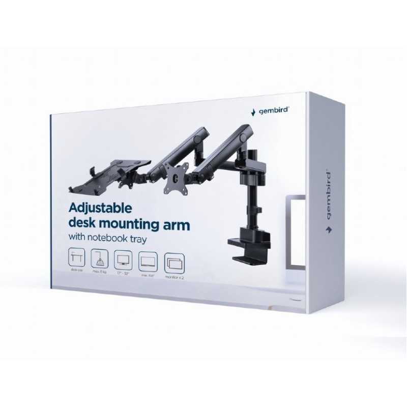 Gembird MA-DA3-02 Desk mounted adjustable monitor arm with notebook tray (full-motion), 17”-32”, up to 8 kg Gembird MA-DA3-02 Desk mounted adjustable monitor arm with notebook tray (full-motion), 17”-32”, up to 8 kg