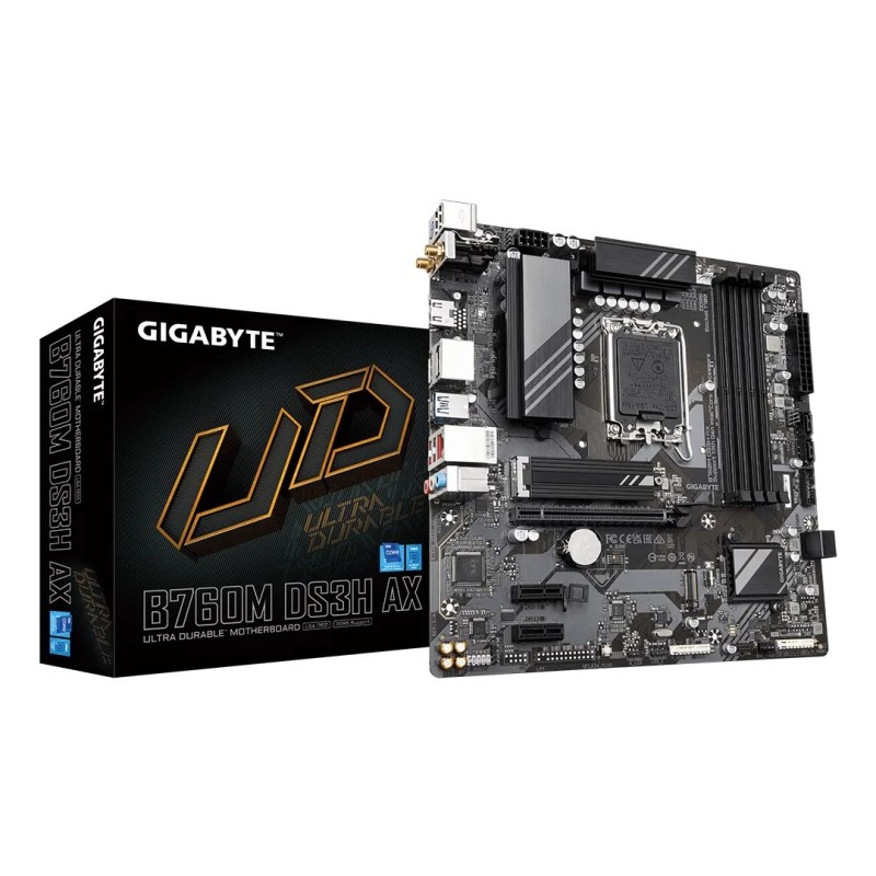 GIGABYTE B760M DS3H AX Motherboard - Supports Intel Core 14th Gen CPUs, 6+2+1 Phases Digital VRM, up to 7600MHz DDR5 (OC), 2xPCIe 4.0 M.2, Wi-Fi 6E, 2.5GbE LAN, USB 3.2 Gen 2 GIGABYTE B760M DS3H AX Motherboard - Supports Intel Core 14th Gen CPUs, 6+2+1 Phases Digital VRM, up to 7600MHz DDR5 (OC), 2xPCIe 4.0 M.2, Wi-Fi 6E, 2.5GbE LAN, USB 3.2 Gen 2