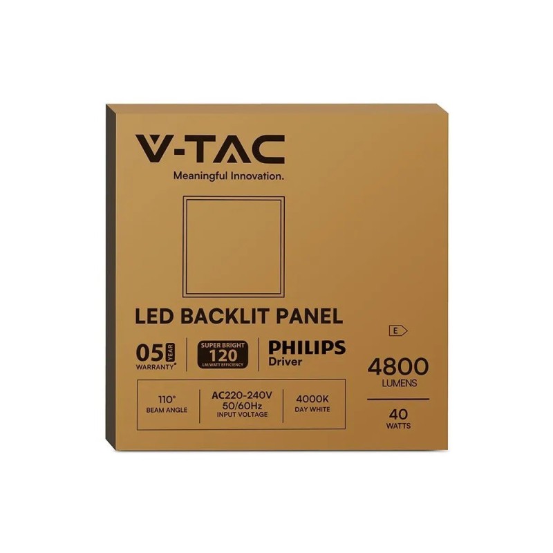 V-TAC LED Panel 40W PHILIPS Driver 600x600mm Backlit 120Lm/W 4000K V-TAC LED Panel 40W PHILIPS Driver 600x600mm Backlit 120Lm/W 4000K