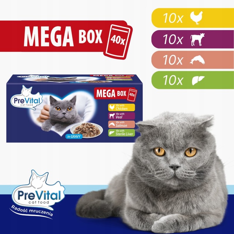 PREVITAL Mega Box Veal, salmon, liver, chicken - wet cat food - 40X100g PREVITAL Mega Box Veal, salmon, liver, chicken - wet cat food - 40X100g