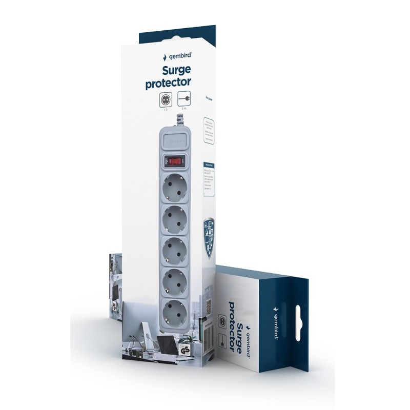 Gembird SPG3-B-10C Surge protector, 5 Schuko sockets, 3m, grey