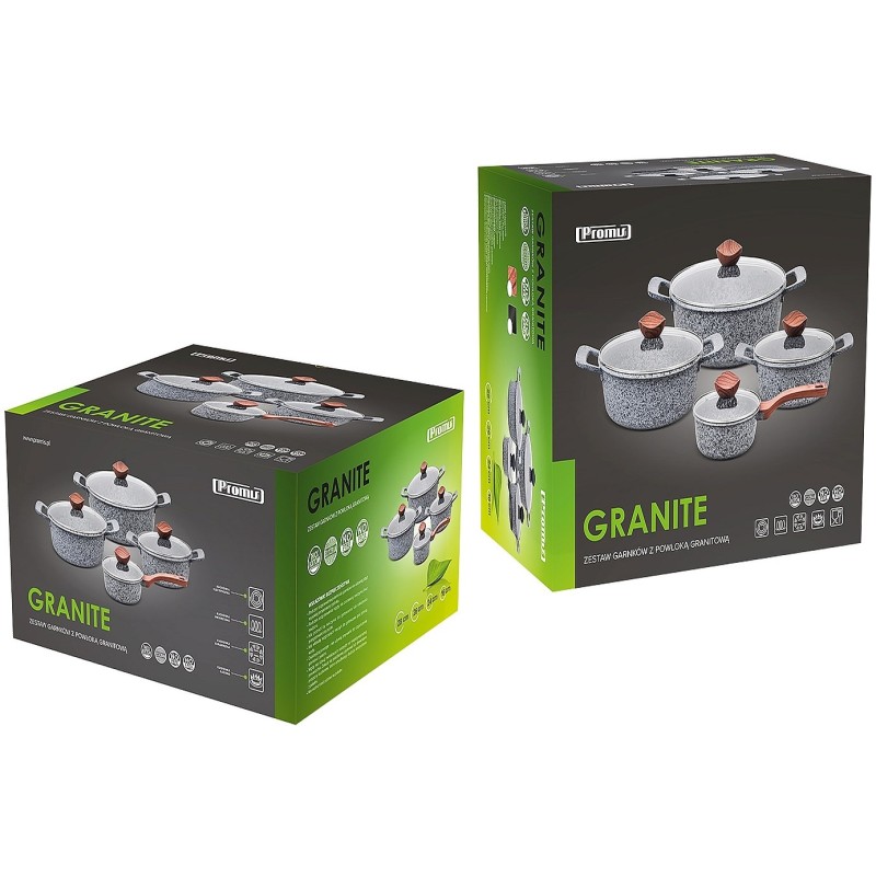 PROMIS Set of pots GRANITE, saucepan 16 cm, pots 20,24,28 brown handles PROMIS Set of pots GRANITE, saucepan 16 cm, pots 20,24,28 brown handles