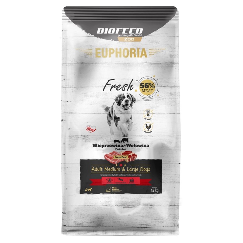 BIOFEED Euphoria Fresh Adult Medium & Large Pork with beef - dry dog food - 12kg BIOFEED Euphoria Fresh Adult Medium & Large Pork with beef - dry dog food - 12kg