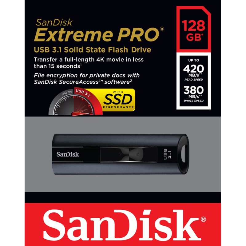 SanDisk Extreme Pro USB flash drive 128 GB USB Type-A 3.2 Gen 1 (3.1 Gen 1) Black SanDisk Extreme Pro USB flash drive 128 GB USB Type-A 3.2 Gen 1 (3.1 Gen 1) Black