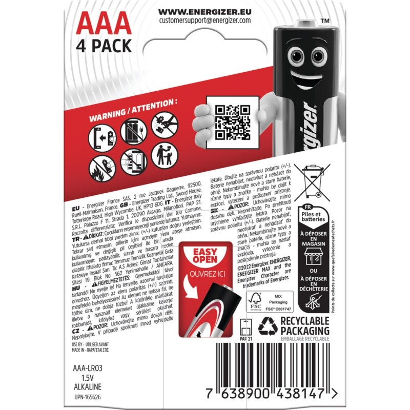 ENERGIZER BATTERIES ALKALINE MAX AAA LR03, 4 PIECES, ECO PACKAGING ENERGIZER BATTERIES ALKALINE MAX AAA LR03, 4 PIECES, ECO PACKAGING