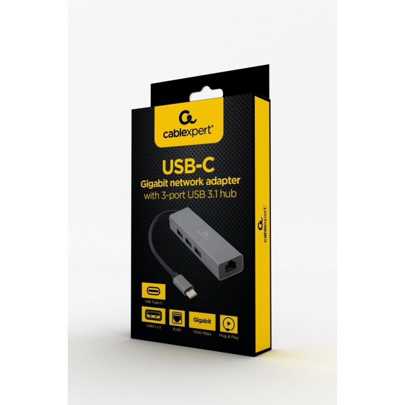 Gembird A-CMU3-LAN-01 USB-C Gigabit network adapter with 3-port USB 3.1 hub Gembird A-CMU3-LAN-01 USB-C Gigabit network adapter with 3-port USB 3.1 hub