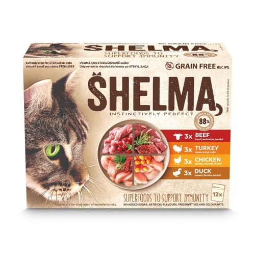SHELMA with turkey, duck, chicken and beef in sauce - wet cat food - 12x85g SHELMA with turkey, duck, chicken and beef in sauce - wet cat food - 12x85g
