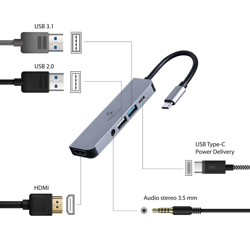 Gembird A-CM-COMBO5-02 USB Type-C 5-in-1 multi-port adapter (Hub + HDMI + PD + stereo audio) Gembird A-CM-COMBO5-02 USB Type-C 5-in-1 multi-port adapter (Hub + HDMI + PD + stereo audio)