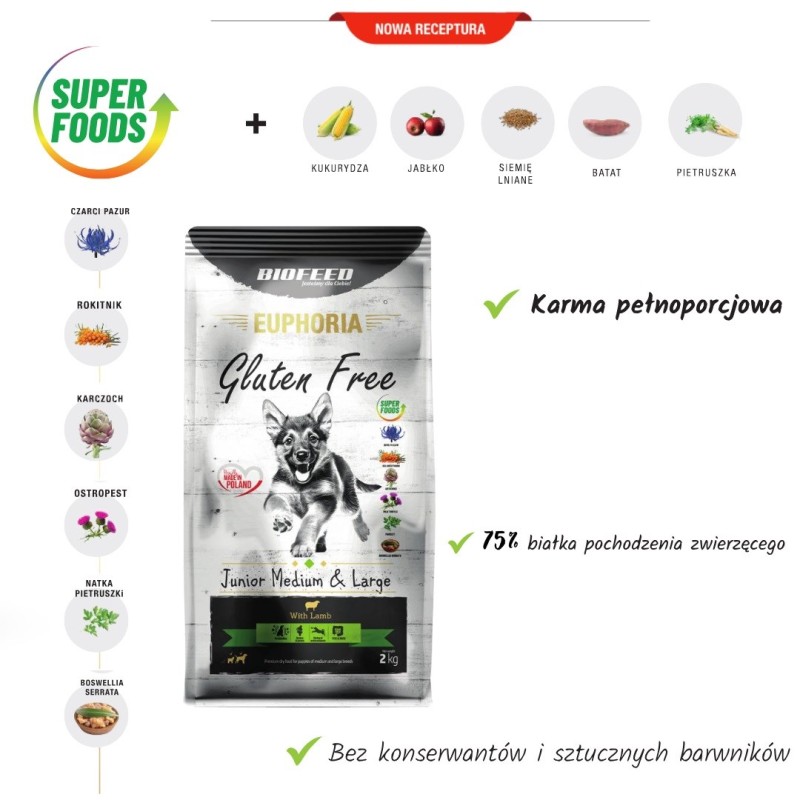 BIOFEED Euphoria Gluten Free Junior medium & large Lamb - dry dog food - 2kg BIOFEED Euphoria Gluten Free Junior medium & large Lamb - dry dog food - 2kg