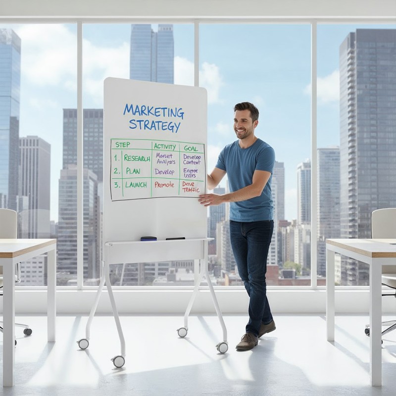 Ergo Office mobile dry erase board, vertical orientation, white, single sided, with shelf, board dimensions 1190x790mm, ER-305