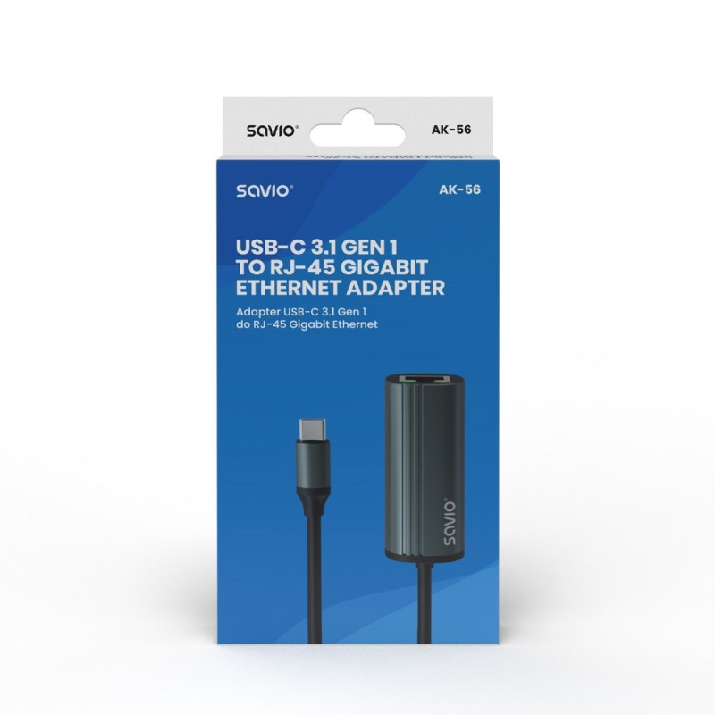 SAVIO Adapter USB-C 3.1 Gen.1 (M) to RJ-45 Gigabit Ethernet (F), 1000 Mbps, AK-56, grey SAVIO Adapter USB-C 3.1 Gen.1 (M) to RJ-45 Gigabit Ethernet (F), 1000 Mbps, AK-56, grey
