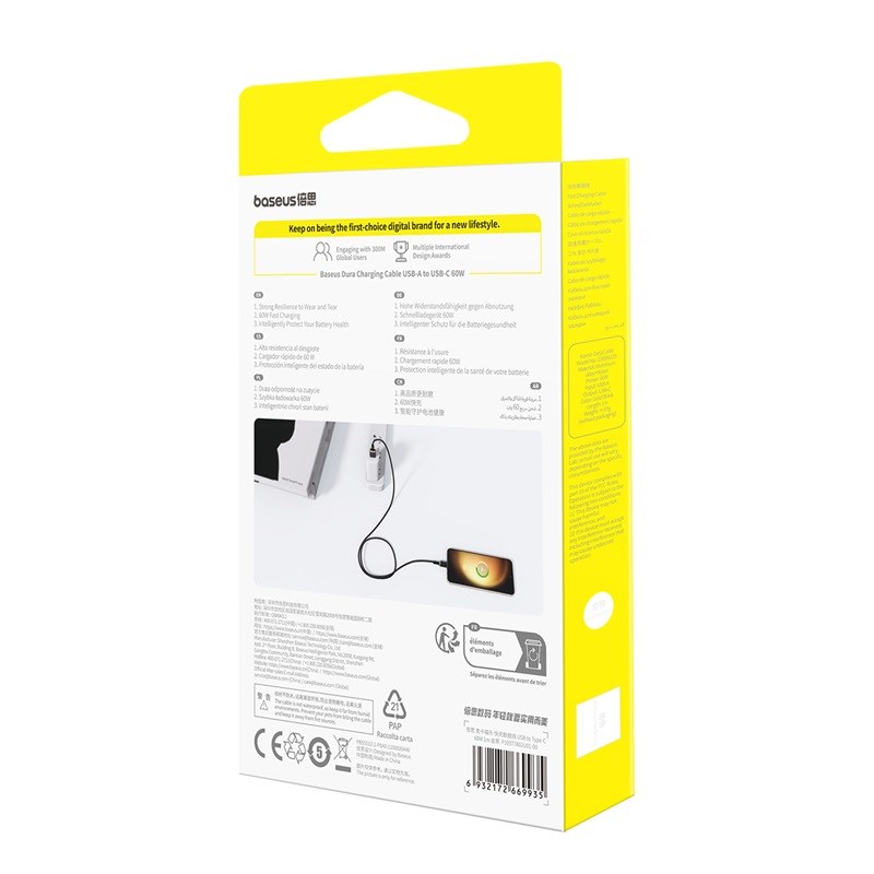 Baseus Dura USB Type A to Type C 60 W fast charging cable 1 m Black, Gold Baseus Dura USB Type A to Type C 60 W fast charging cable 1 m Black, Gold