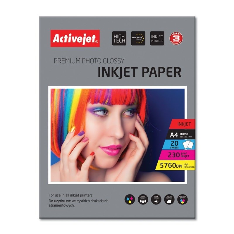 Activejet AP4-230G20 glossy photo paper for ink printers; A4; 20 pcs