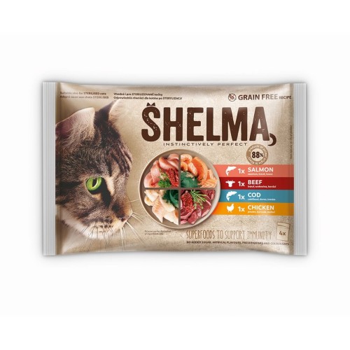 SHELMA Rich in salmon, cod, beef and chicken - wet cat food - 4x85g SHELMA Rich in salmon, cod, beef and chicken - wet cat food - 4x85g