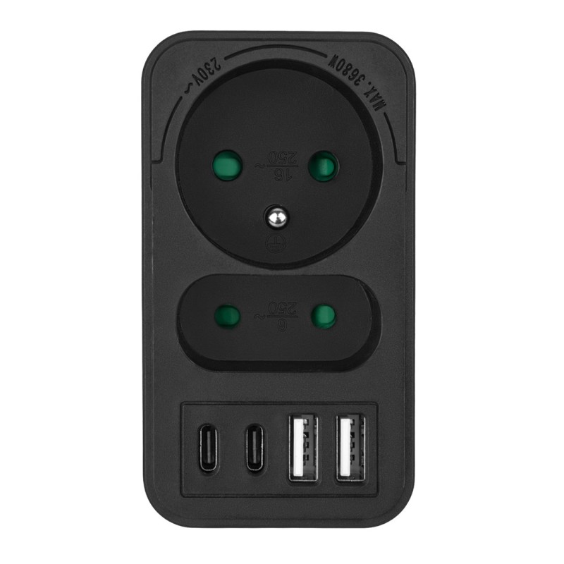 Maclean current socket x2 + 4xUSB, splitter with 2 sockets, 2xUSB A, 2xUSB C PD 20W, 1x16A + 1x6A, MCE249 F/B Maclean current socket x2 + 4xUSB, splitter with 2 sockets, 2xUSB A, 2xUSB C PD 20W, 1x16A + 1x6A, MCE249 F/B