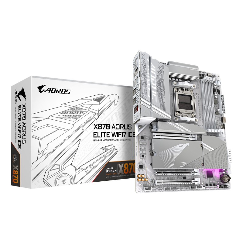 GIGABYTE X870 AORUS ELITE WIFI7 ICE Motherboard - Supports AMD Ryzen 9000 CPUs, 16+2+2 Phases Digital VRM, up to 8200MHz DDR5 (OC), 3xPCIe 5.0 + 1xPCIe 4.0, Wi-Fi 7, 2.5GbE LAN, USB 4 GIGABYTE X870 AORUS ELITE WIFI7 ICE Motherboard - Supports AMD Ryzen 9000 CPUs, 16+2+2 Phases Digital VRM, up to 8200MHz DDR5 (OC), 3xPCIe 5.0 + 1xPCIe 4.0, Wi-Fi 7, 2.5GbE LAN, USB 4