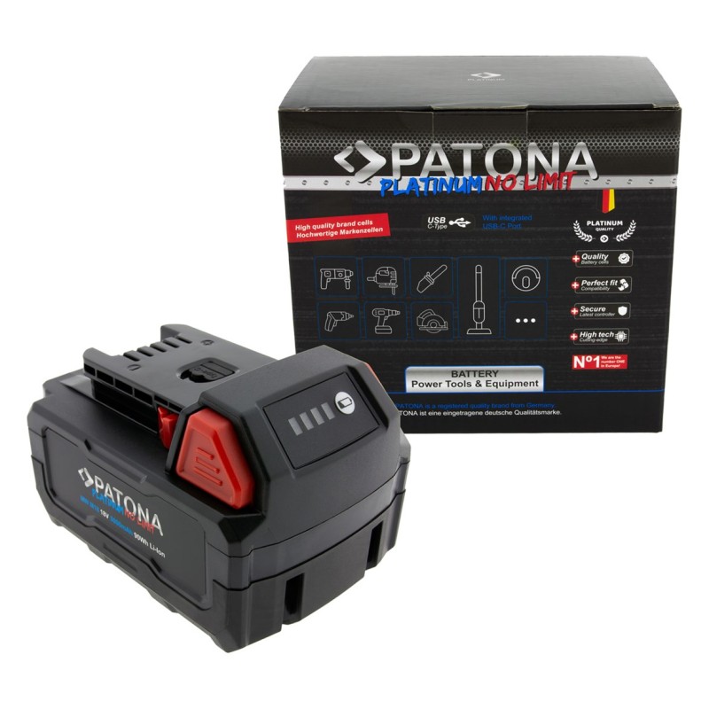 PATONA Platinum 18V Battery for Milwaukee M18 with USB-C port PD45W Black