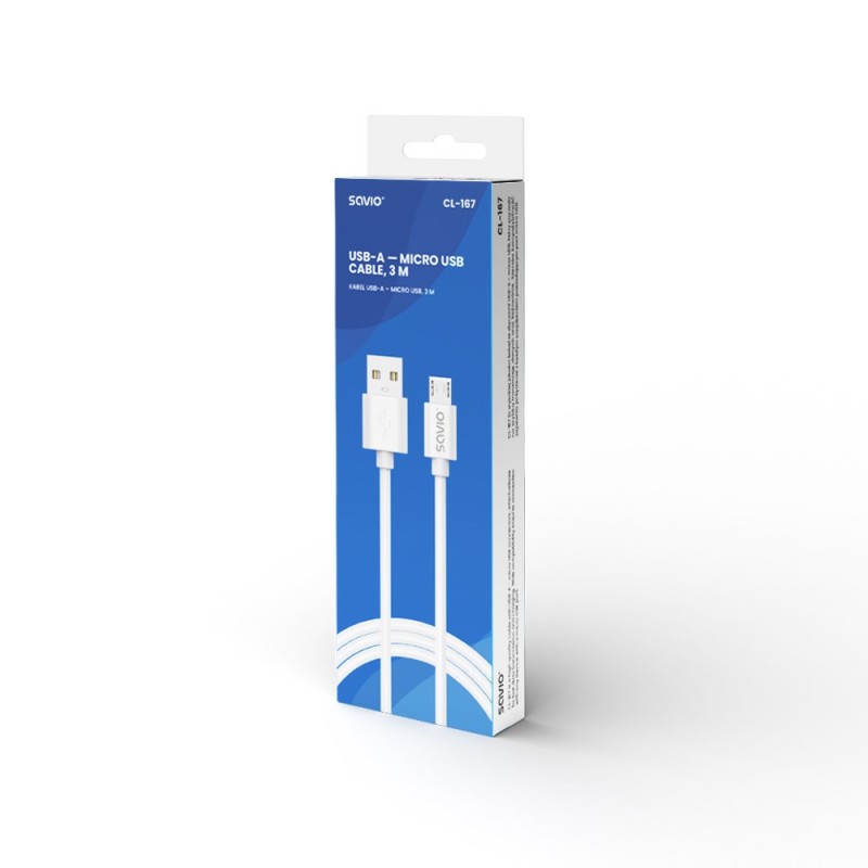 USB cable 3 m USB 2.0, USB A - Micro USB White SAVIO CL-167 USB cable 3 m USB 2.0, USB A - Micro USB White SAVIO CL-167