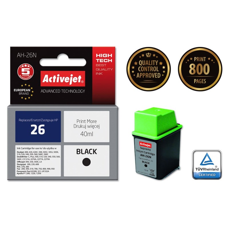 Activejet AH-26N Ink cartridge (replacement for HP 26 C51626A; Supreme; 40 ml; black)