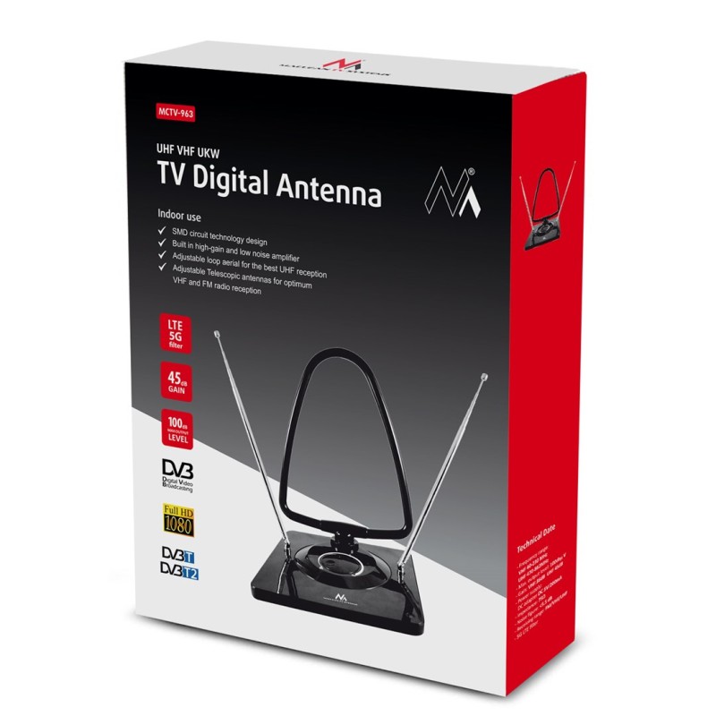 Maclean MCTV-963 High Gain Indoor Aerial Antenna Low Noise Digital Analog Freeview FM DVB Strongt 45dB DVB-T/T2 H.265 HEVC Maclean MCTV-963 High Gain Indoor Aerial Antenna Low Noise Digital Analog Freeview FM DVB Strongt 45dB DVB-T/T2 H.265 HEVC